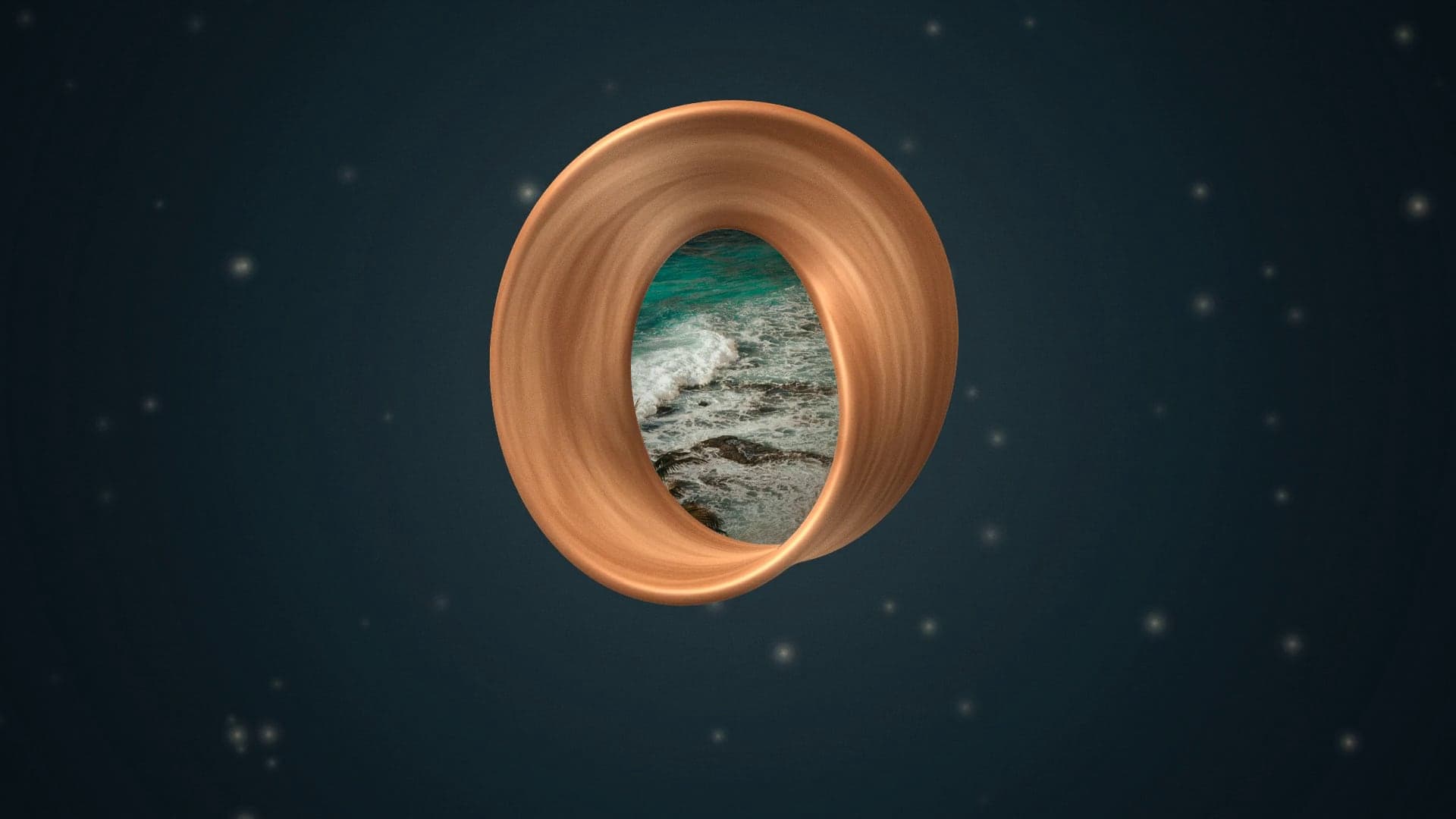 The copper O from the Travel O Planet logo, with a Bali coastline seen through it